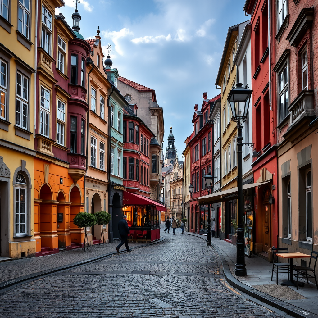 Charming cobblestone street in Prague's Malá Strana district with baroque architecture, colorful historic buildings, traditional street lamps, and a small local cafe with outdoor seating