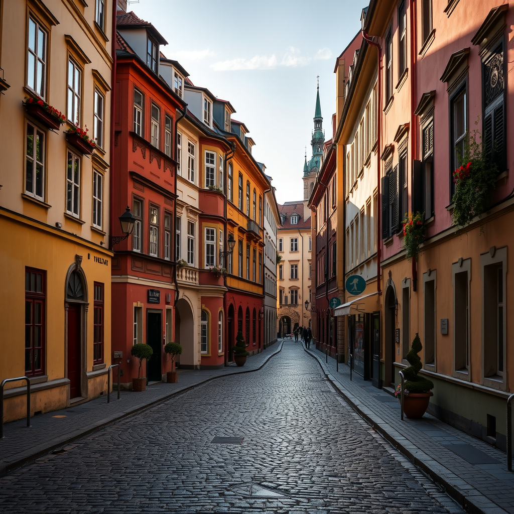 Charming cobblestone street in Prague's Malá Strana district with colorful baroque buildings, flower boxes on windows, and warm afternoon sunlight casting long shadows