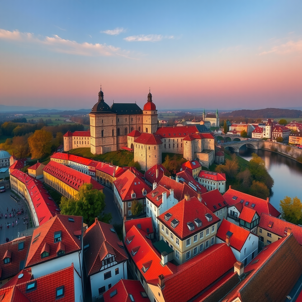 Panoramic view of Český Krumlov Castle perched majestically above the winding Vltava River, with the medieval town's characteristic red-tiled roofs and Gothic architecture spread below during golden hour