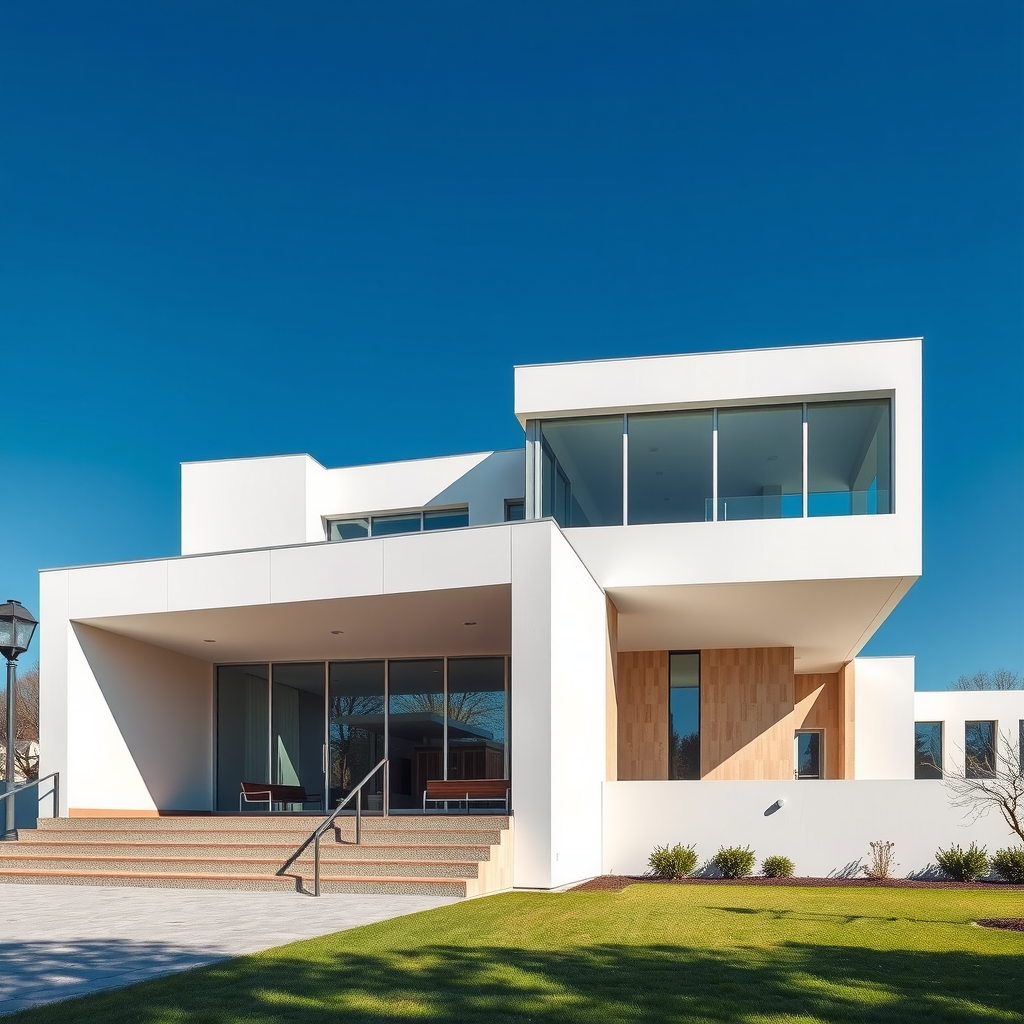 Villa Tugendhat in Brno, Czech Republic - iconic modernist architecture with clean white lines, large glass windows, and geometric design set against blue sky, showcasing functionalist style