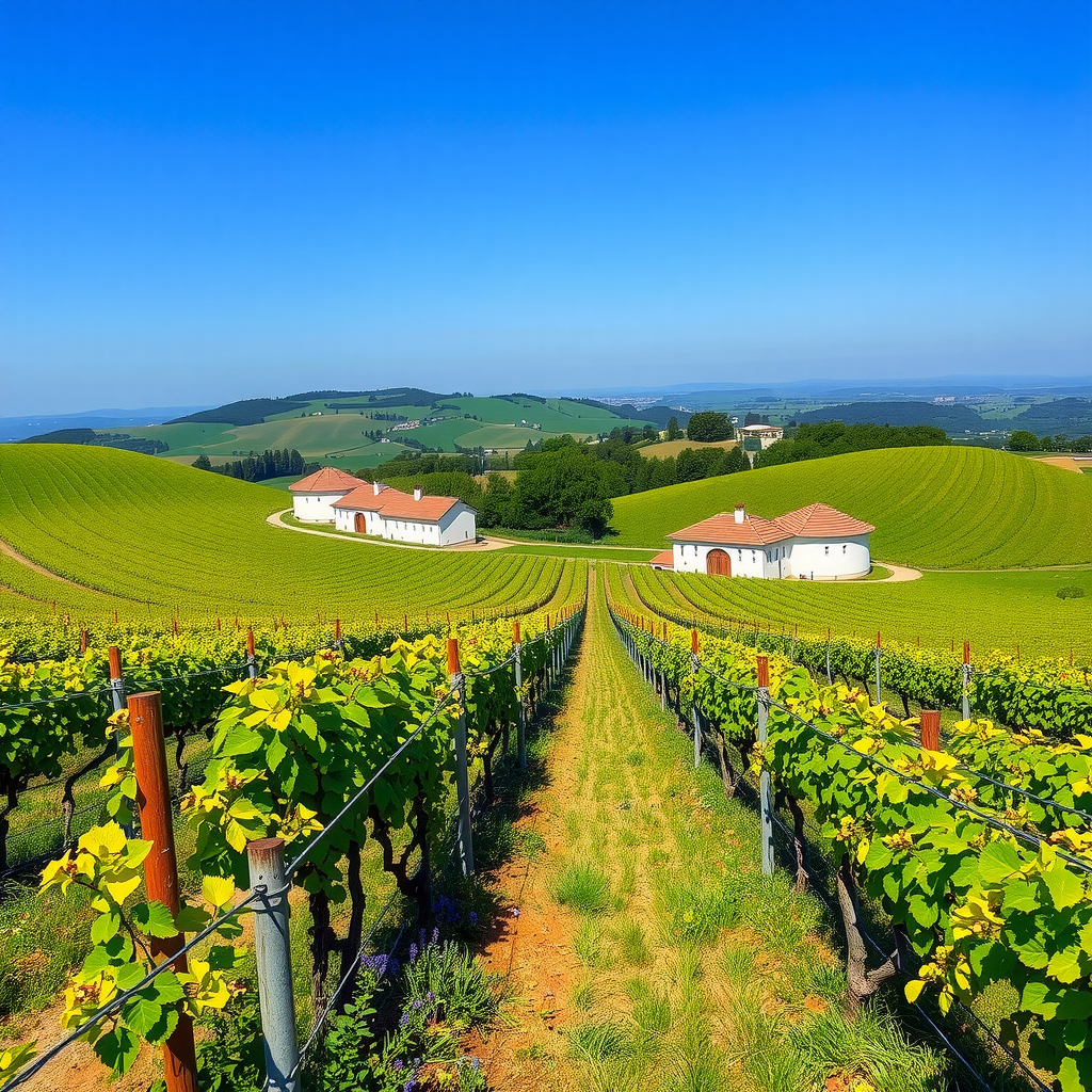 Panoramic view of rolling vineyards in South Moravia during spring season with rows of grapevines, blooming wildflowers, traditional white wine cellars with red roofs, and distant hills under blue sky