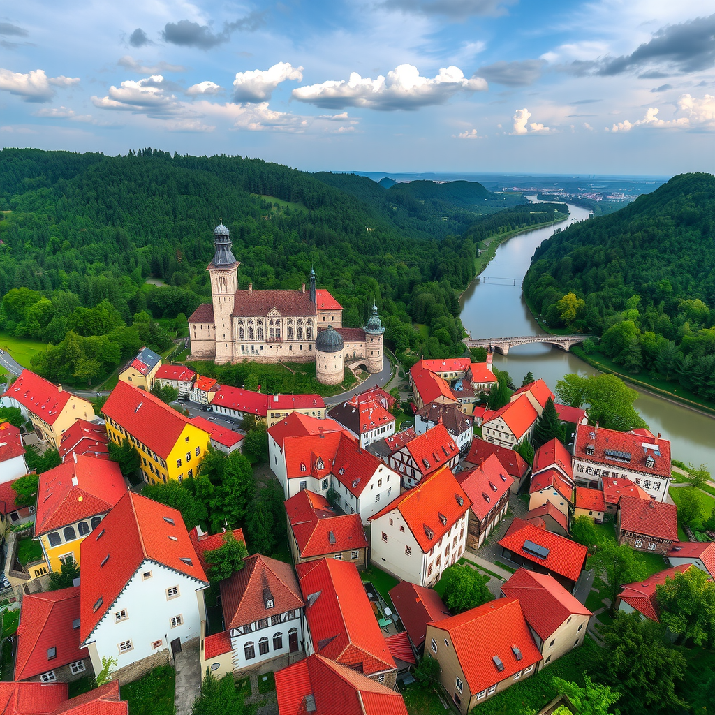 Panoramic view of Český Krumlov medieval town with its iconic castle complex on a hill, red-tiled roofs, winding Vltava River, and surrounding green forests in South Bohemia