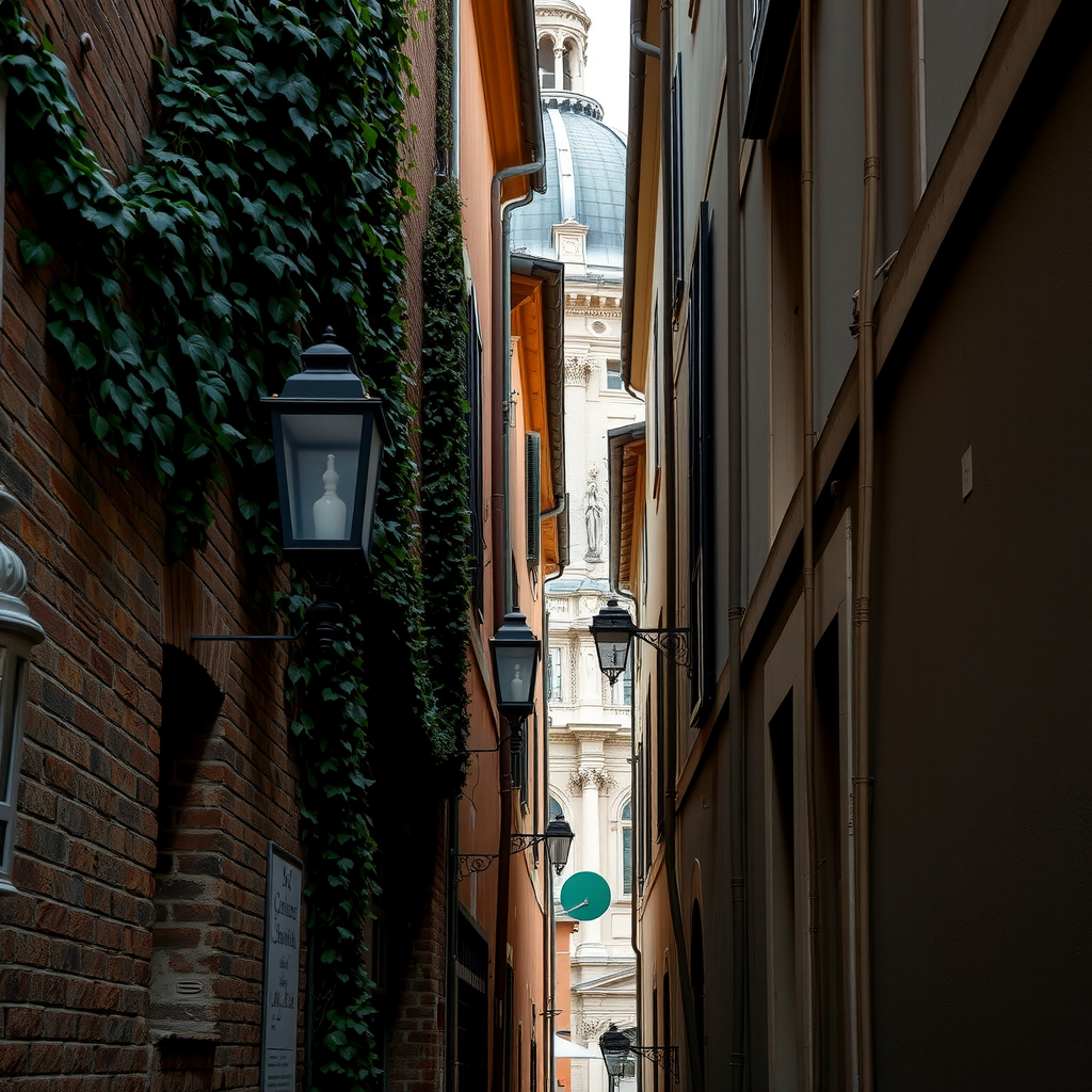Narrow medieval alleyway in Lesser Town with ivy-covered walls, antique street lamps, and a glimpse of baroque church dome in the background