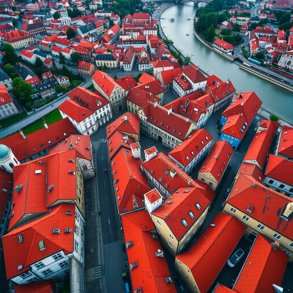 Stunning aerial view from the castle tower showcasing the medieval town's characteristic red-tiled rooftops, narrow cobblestone streets, and the dramatic horseshoe bend of the Vltava River surrounding the historic center