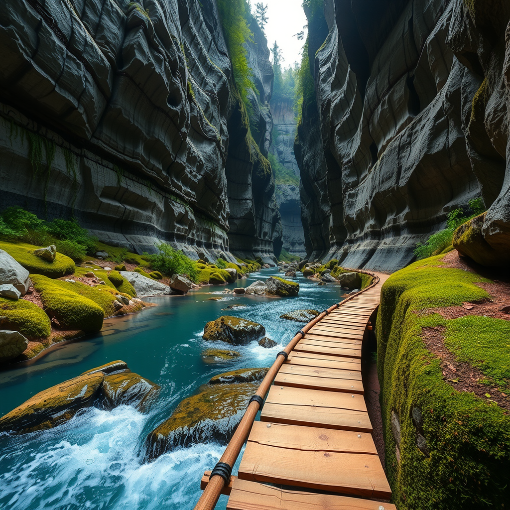 Tranquil Kamenice Gorge with crystal-clear river flowing between towering sandstone walls, wooden walkway running alongside the water, surrounded by lush green vegetation and moss-covered rocks