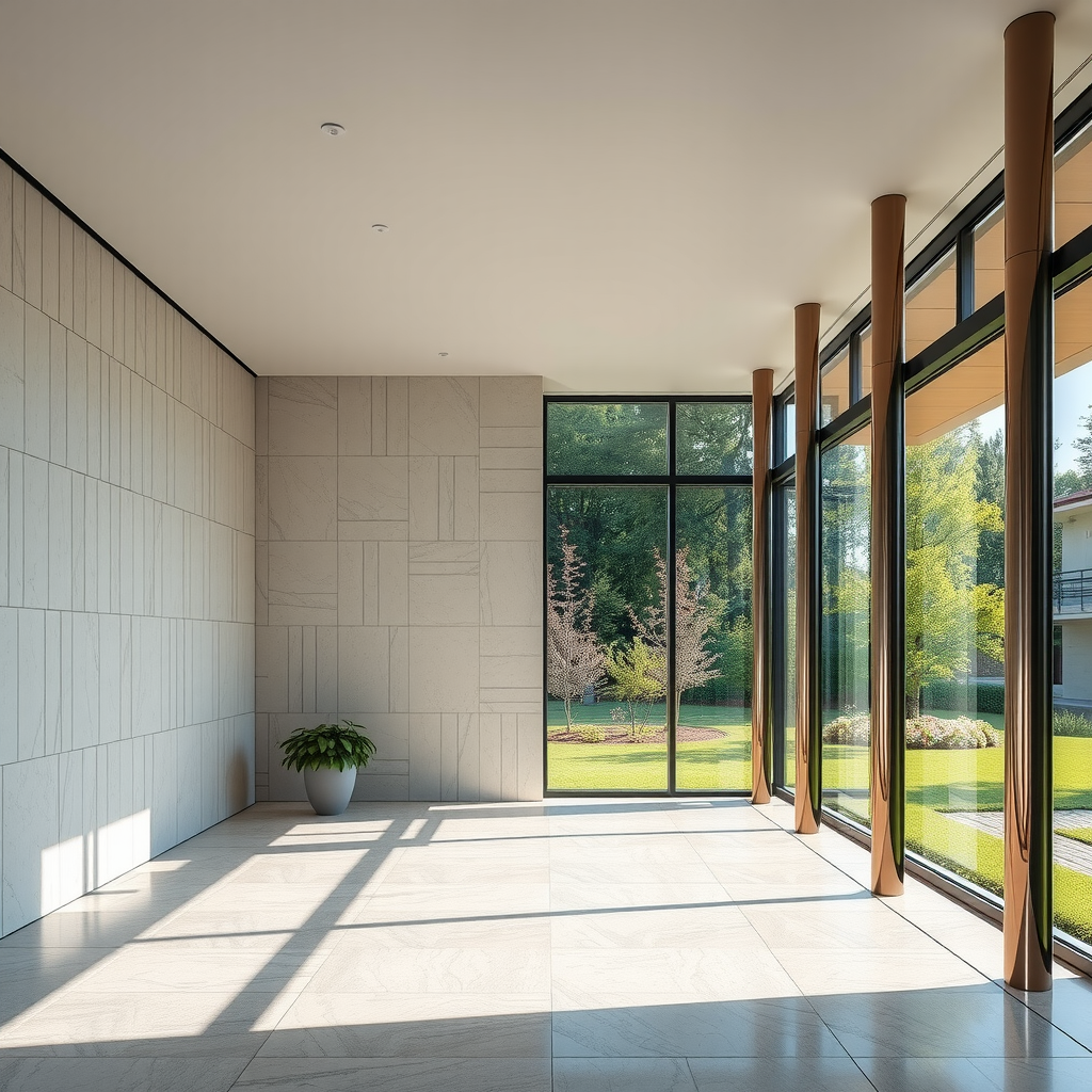 Interior of Villa Tugendhat featuring the iconic onyx wall, chrome-plated columns, and floor-to-ceiling windows overlooking the garden, demonstrating Mies van der Rohe's minimalist design philosophy