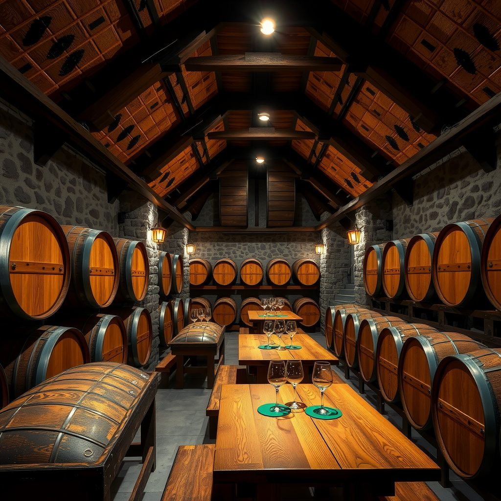 Interior of traditional Moravian wine cellar with wooden barrels, stone walls, vaulted ceiling, and rustic wooden tables set for wine tasting