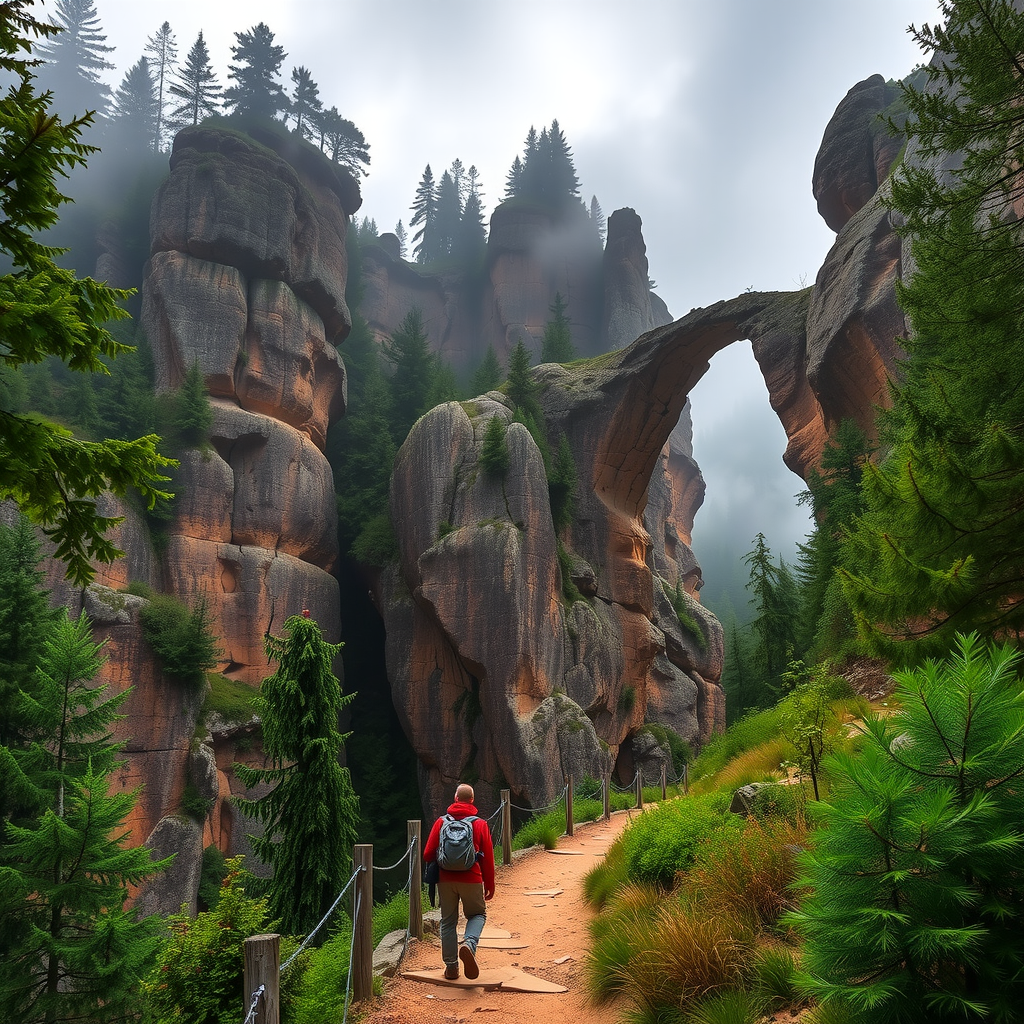 Dramatic sandstone rock formations and natural arch in Bohemian Switzerland National Park with lush green forest, hiking trail, and misty morning atmosphere near Czech-German border