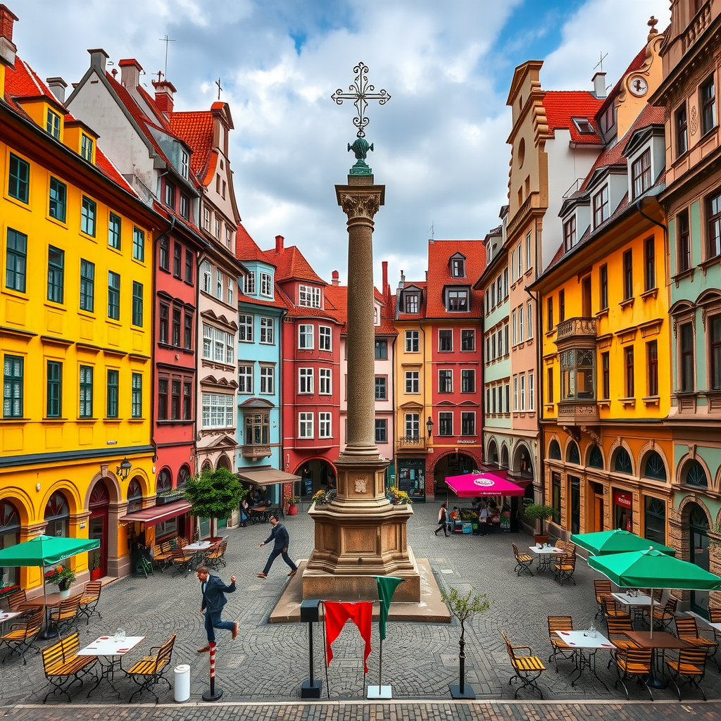 Charming view of Náměstí Svornosti town square surrounded by vibrant Renaissance and Baroque buildings painted in yellows, pinks, and greens, with outdoor café tables and the historic plague column in the center
