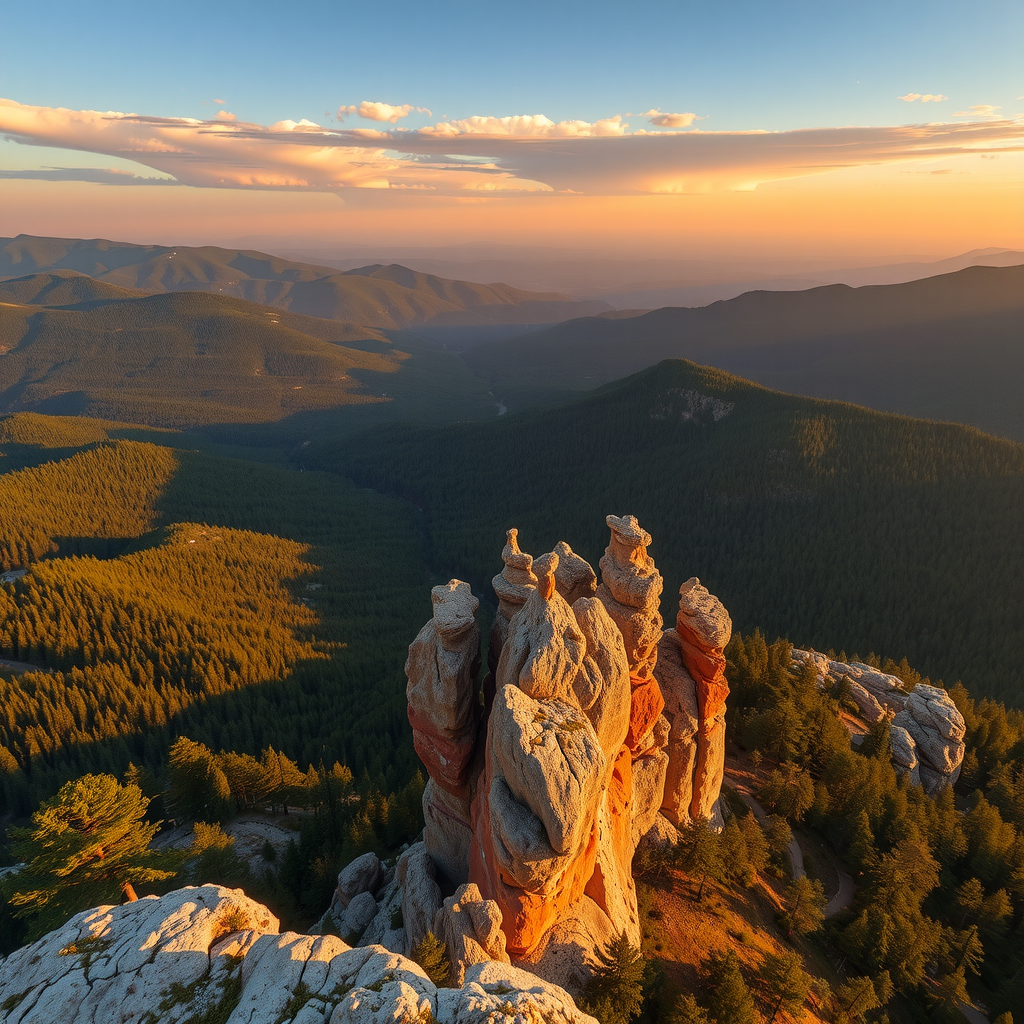 Breathtaking panoramic view from Mariina Vyhlídka viewpoint showing endless forested valleys, distinctive sandstone rock formations, and distant mountain ranges bathed in warm golden sunset light