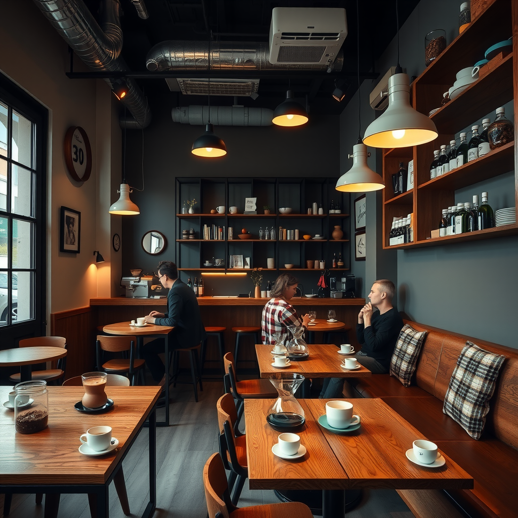 Cozy specialty coffee shop interior in Brno with wooden tables, modern minimalist design, barista preparing pour-over coffee, warm lighting, and locals enjoying conversation