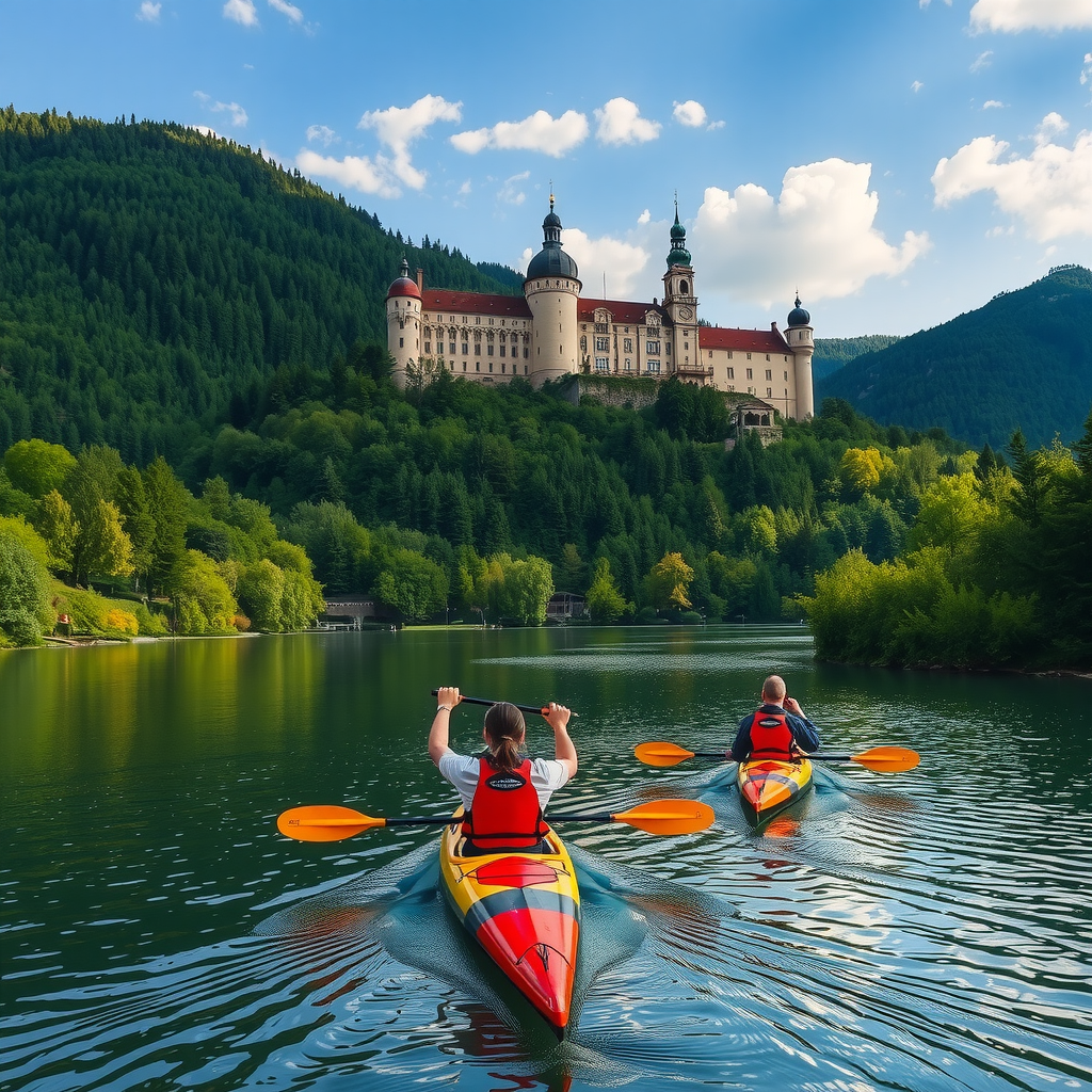 Scenic view of kayakers paddling on the calm Vltava River with the majestic Český Krumlov Castle rising dramatically on the hillside in the background, surrounded by lush green forests