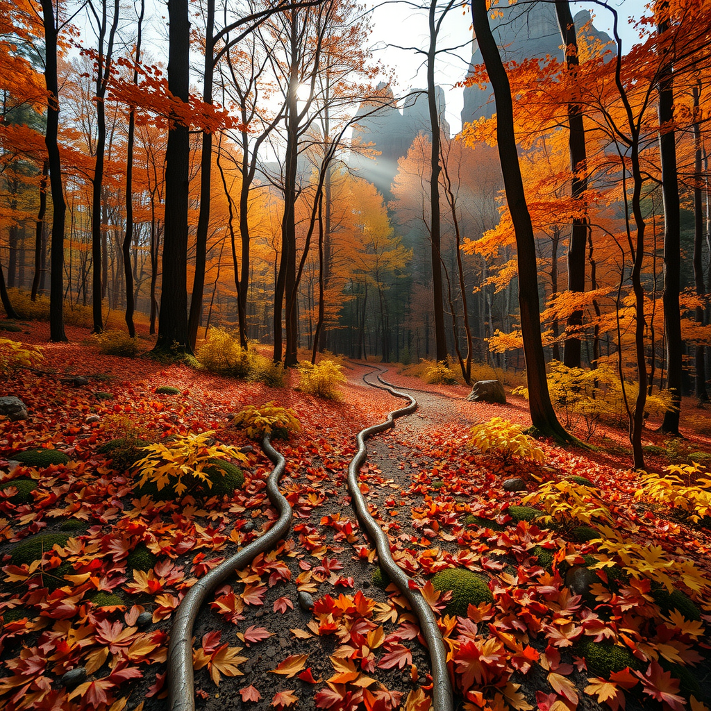 Enchanting autumn scene on forest trail with vibrant fall colors, orange and red leaves covering the ground, golden yellow foliage on trees, sandstone formations visible through morning mist