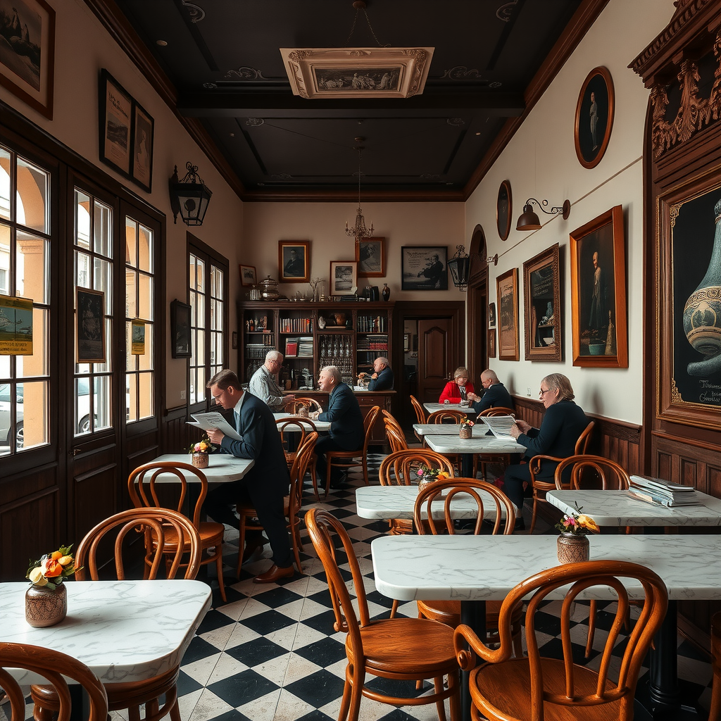 Traditional Czech café in Brno with vintage interior, marble tables, bentwood chairs, locals reading newspapers and chatting, classic European café atmosphere
