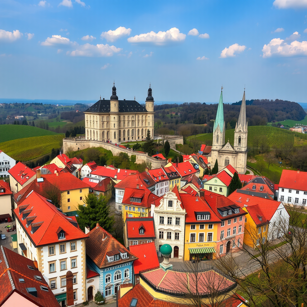 Historic town of Mikulov with baroque château on hilltop, colorful buildings in town square, church spires, and vineyards on surrounding hills during spring