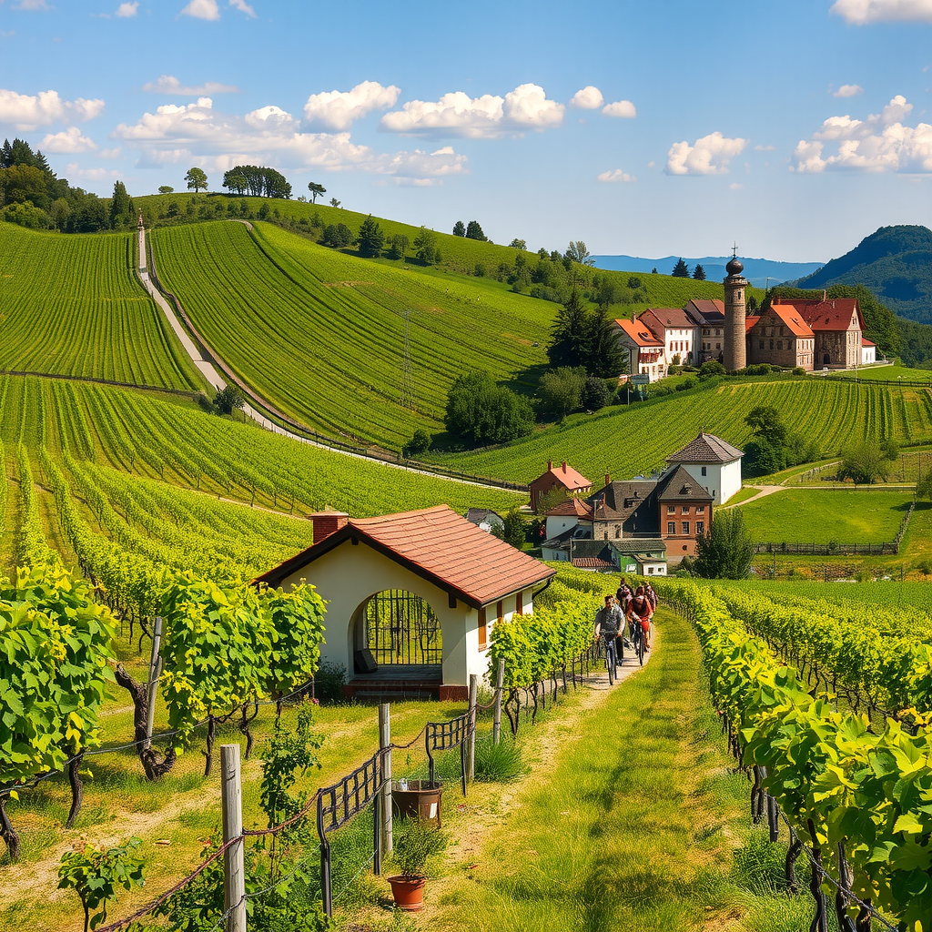 Rolling vineyards in South Moravia during spring with rows of grapevines on gentle hills, traditional wine cellar entrance, picturesque village of Mikulov with historic buildings, and cyclists on countryside path