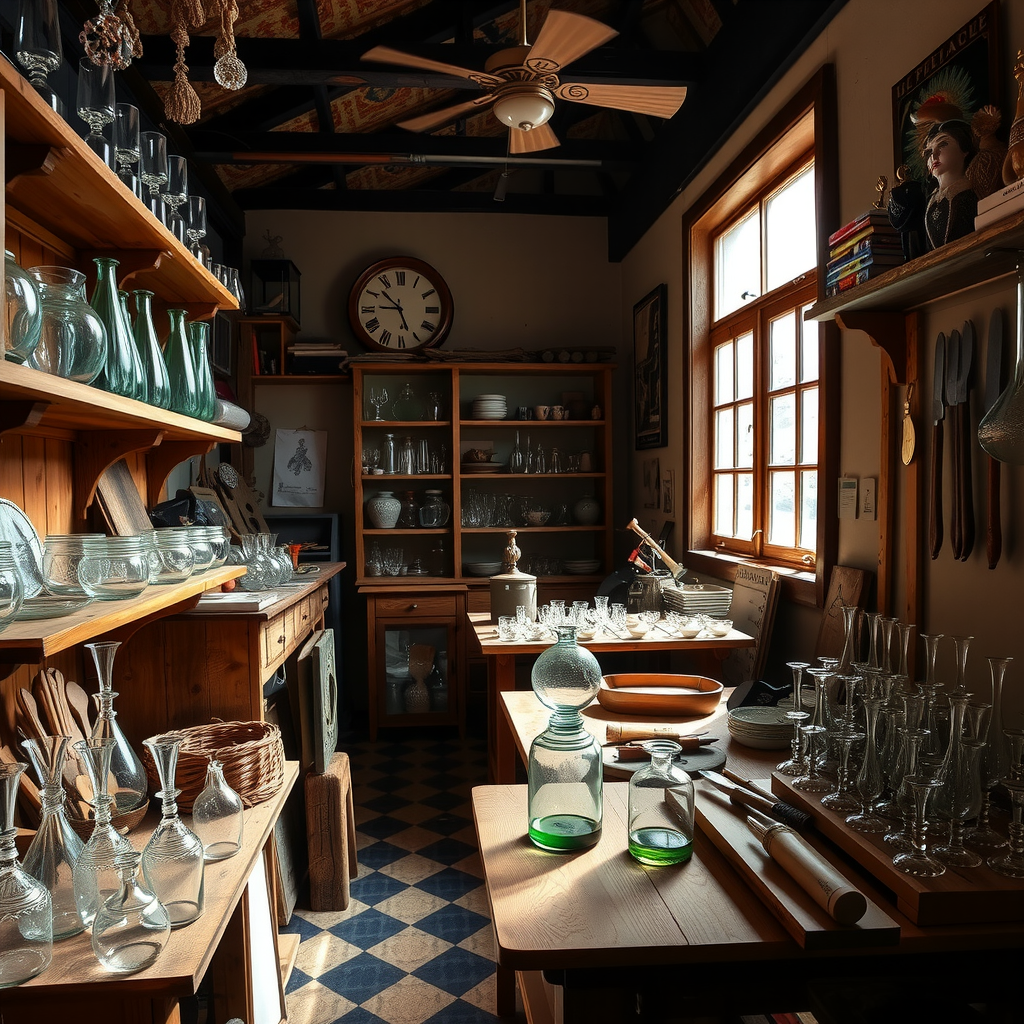 Traditional Czech artisan workshop with shelves of handmade glass pieces, wooden tools, and craftsperson working at bench with natural light streaming through window