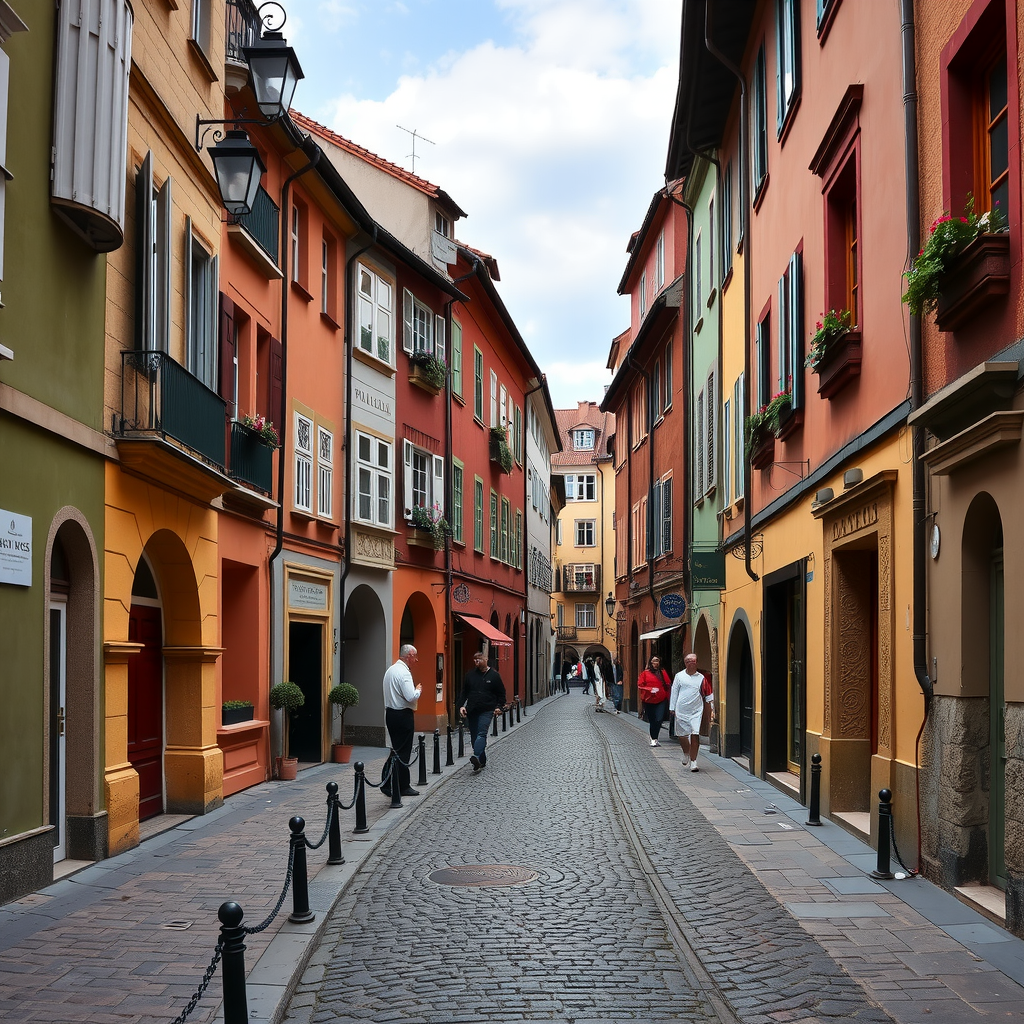 Peaceful cobblestone street in the Latrán district showing well-preserved medieval architecture, colorful building facades, traditional street lamps, and flower boxes on windows, with few tourists visible