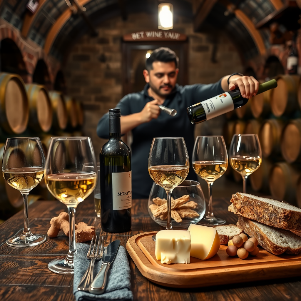Wine tasting scene in traditional Moravian cellar with wooden table, wine glasses filled with white wine, cheese platter, bread, and winemaker pouring wine from bottle