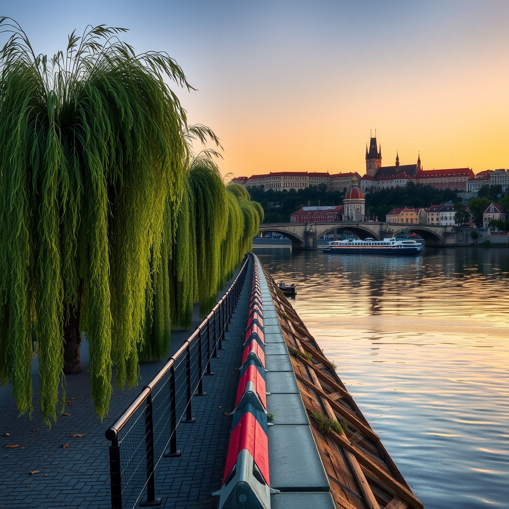 Peaceful riverside walk along Vltava River with weeping willows, historic buildings reflected in calm water, and Charles Bridge visible in distance during golden hour
