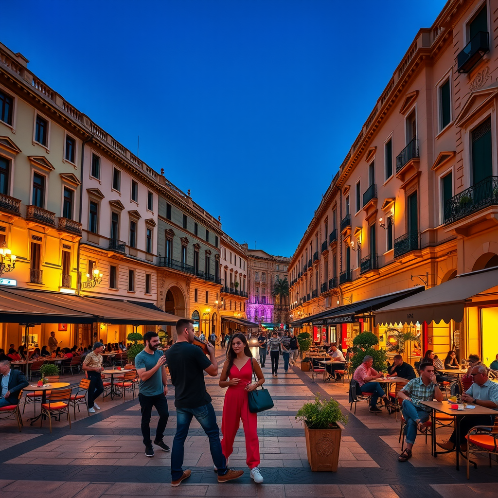 Maltese Square at dusk with illuminated baroque buildings, outdoor café tables with warm lighting, locals chatting, and street musicians performing
